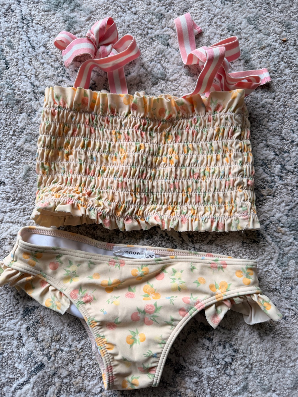 Girls' Minnow Yellow Peach Print Smocked Bikini Set with Pink Straps
